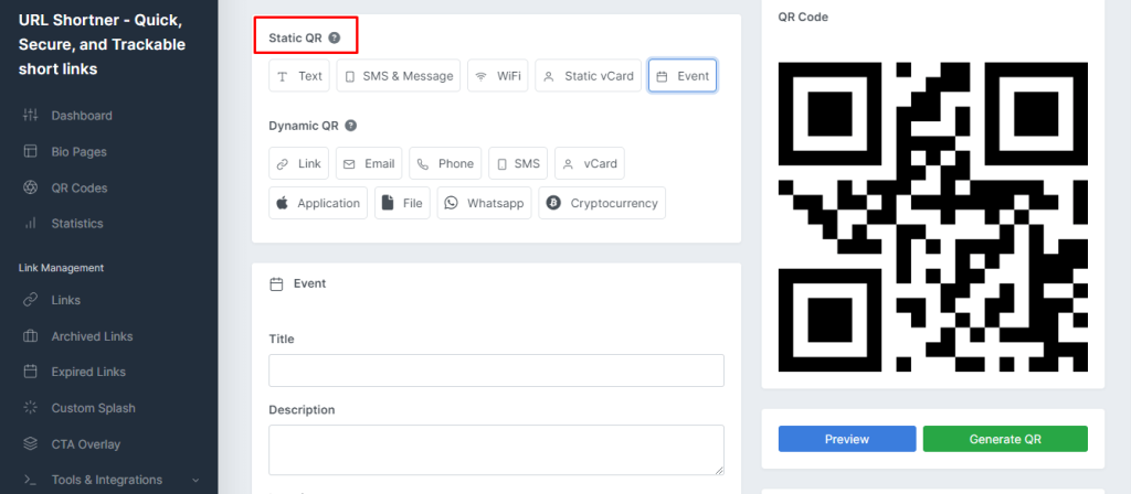 Create QR Code for Event - Select Static QR code