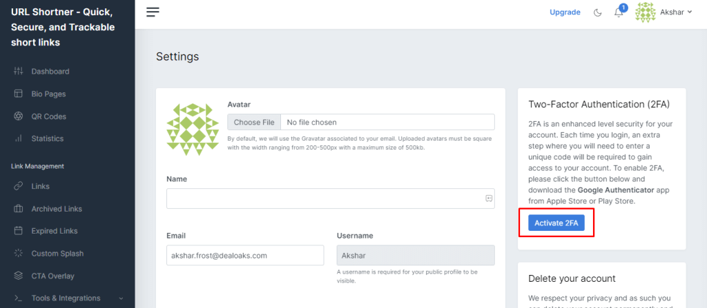 How to Activate 2FA on URLSrt.io - Click on Activate 2FA