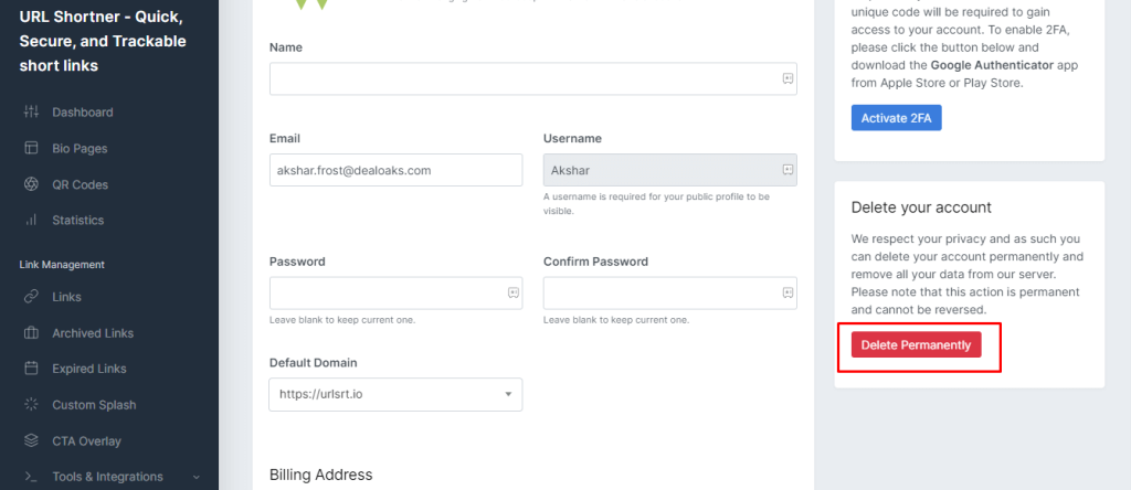 How to Delete URLSrt.io Account - Click on the Delete Permanently button