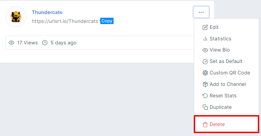 Click on Delete option to terminate your link in bio page on URLSRT.io tool