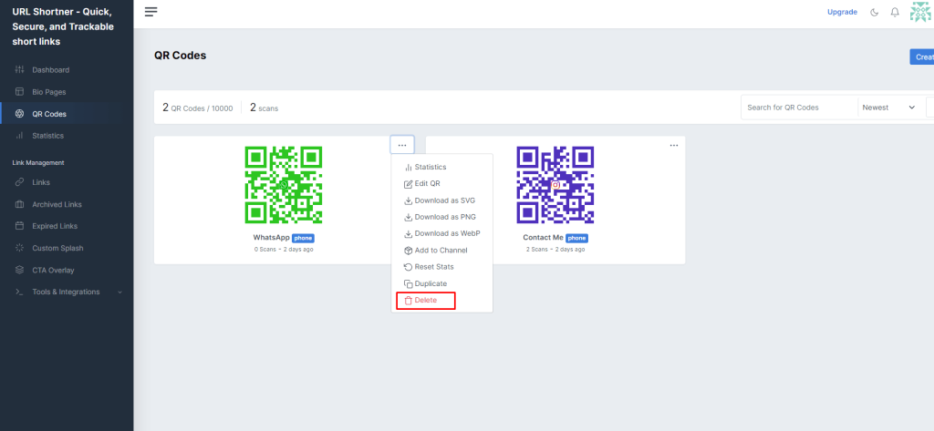 How to Delete Your QR Code in URLSrt.io - Click on Delete