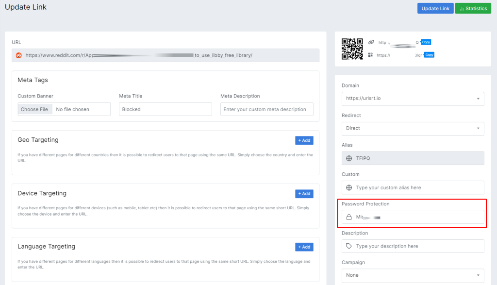 Password protect URL Short links
